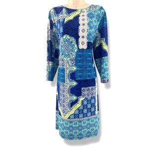 Chico's Vibrant Blue and Yellow Long Sleeve Dress